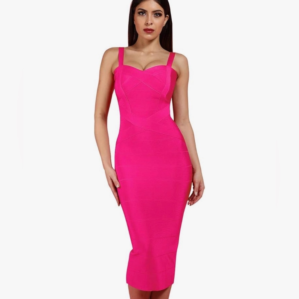 Sleek Hot Pink Midi Bodycon Dress with Square Neckline
